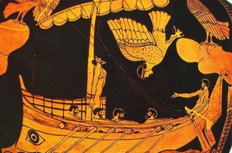Ulises y las sirenas (cerámica ática, 480–470 a. C., Museo Británico). Fuente: Wikipedia